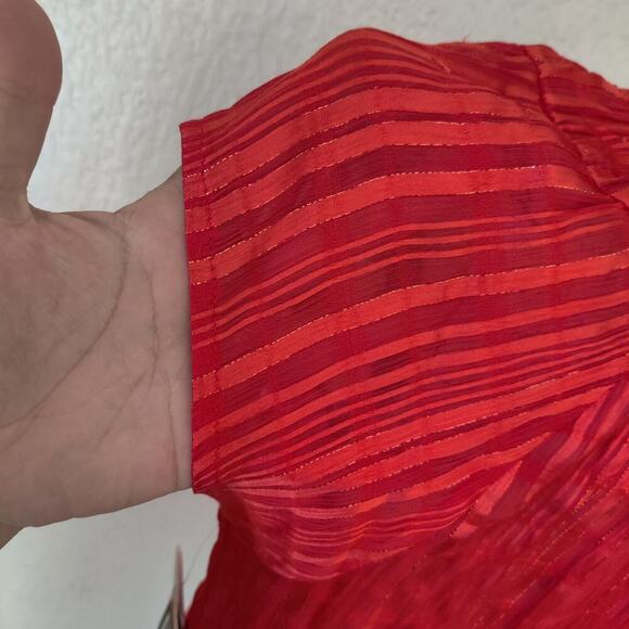 Nanette Lepore Short Cap Sleeve Blouse S Striped Metallic Ruffle Neck Orange Red - Picture 11 of 11